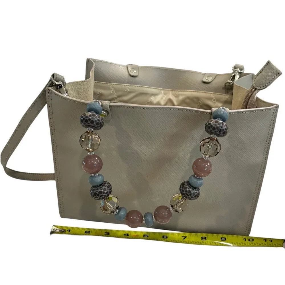 Roberta Gandolfi Taupe Leather Handbag with Beaded Handle